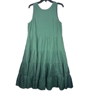 Loft Beach Linen Blend Tiered Open Back Dress Lagenlook Med Green NWT